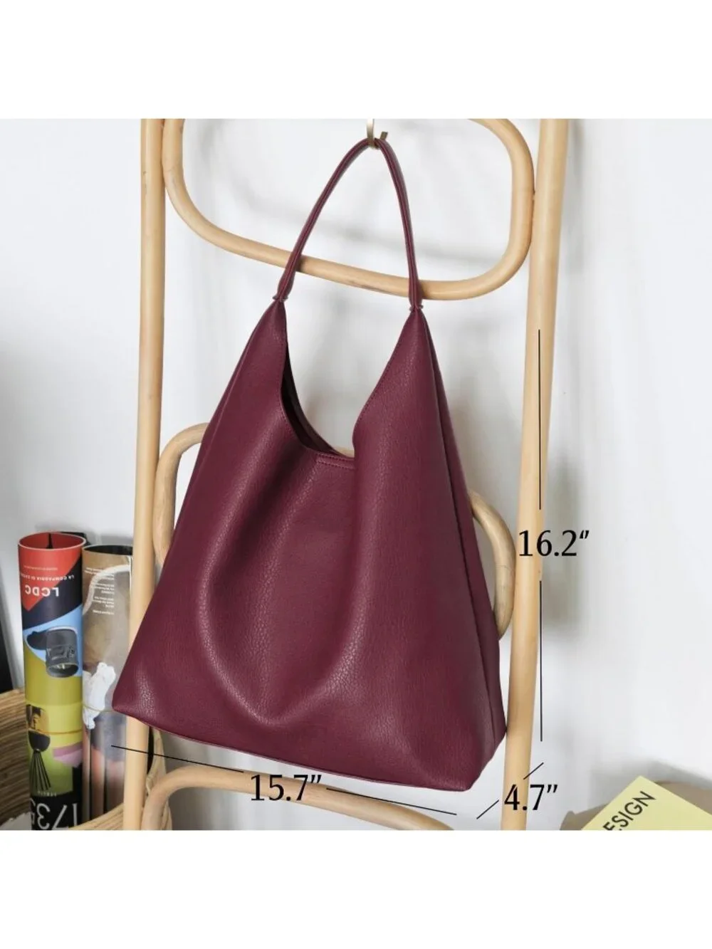 Women's Dark Red Soft Vegan Leather Hobo Shoulder Bag Slouchy Tote Purse